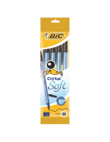 BIC Penne a sfera Soft CRISTAL 4 pz inchiostro Nero Easy glide tratto Medio 1,2 mm