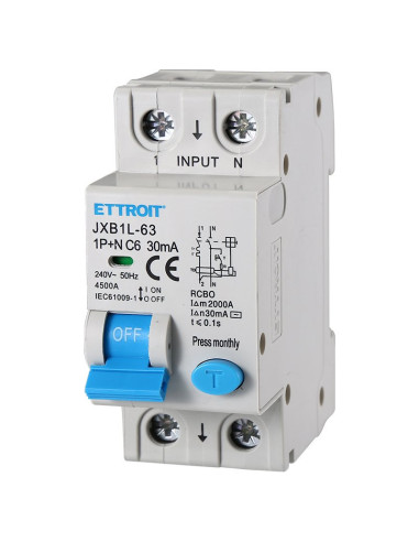 ETTROIT Interruttore Magnetotermico Differenziale 1P+N 6A 4.5kA 30mA 220V Occupa 2 Moduli DIN