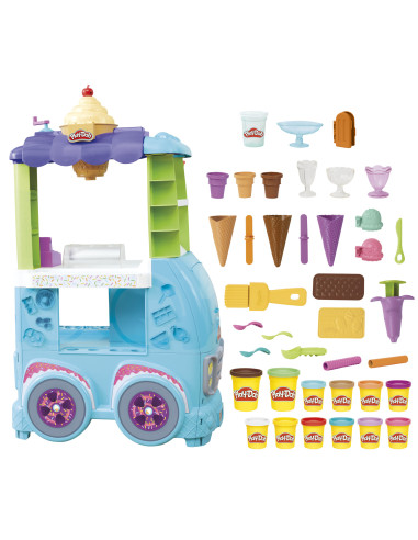 Play-Doh Il Super Camioncino dei Gelati, playset con cucina di grandi dimensioni con suoni realistici, 27 accessori, 12 vasetti