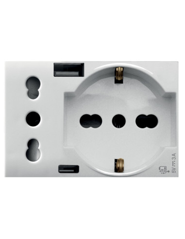 WHITEK S44 Presa Schuko Presa Italiana USB-A e USB-C&trade 2P+T 10/16A 250V 3 Moduli Bianco Opaco