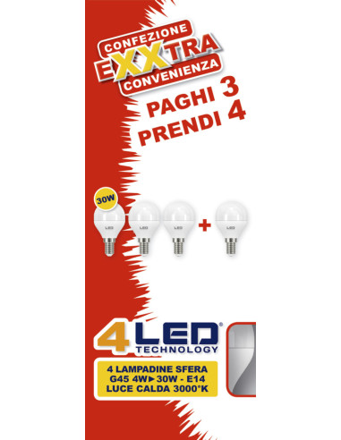 4 LAMPADINE SFERA G45 4W - 30W - E14 LUCE CALDA 3000° K