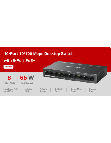 Switch Desktop 10 porte 10/100/1000 PoE+  - Mercusys MS110P